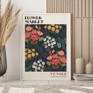 Flower Market PRINT, Flower Market Venice Poster, Bright Flowers Art Poster, Retro 70&#39;s Flower Market, Boho Flower Market Print | F026