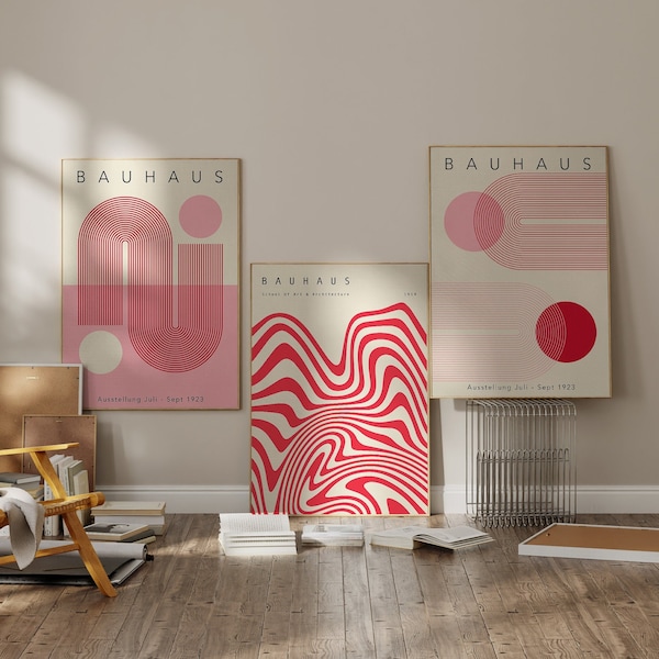 Set Of 3 Pink & Red Geometric Bauhaus Art Print Set, Retro Stripes Art Print, Pink Bauhaus Poster, Mid Century Gallery Wall Art | SET 87