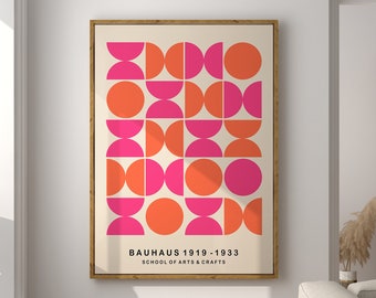 Bauhaus Art Print, Mid Century Art, Retro Wall Art, Pink Orange Bauhaus Poster, Mid Century Poster, Geometric Circles Print  | A136