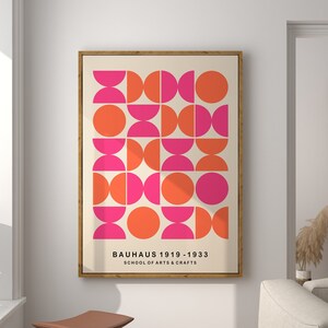 Bauhaus Art Print, Mid Century Art, Retro Wall Art, Pink Orange Bauhaus Poster, Mid Century Poster, Geometric Circles Print  | A136