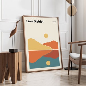 Affiche minimale de Lake District, affiche de voyage du milieu du siècle, affiche de voyage de Lake District, affiche du parc national de Lake District | NP001