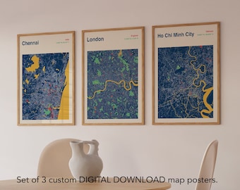 Set Of 3 Custom Map Posters, DIGITAL DOWNLOAD Maps, Modern Map Design, Any City Map Print, Colourful City Map, Custom Map Prints