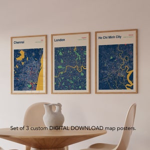 Conjunto de 3 pôsteres de mapas personalizados, mapas de download digital, design de mapa moderno, impressão de qualquer mapa de cidade, mapa de cidade colorido, impressões de mapas personalizados