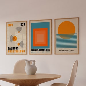 Mid Century Sun Bauhaus Poster Set, Set Of 3 Minimalist Bauhaus Posters, Orange Bauhaus Art Print, Mid Century Modern Print | SET 5