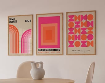 Set Of 3 Colourful Geometric Bauhaus Art Print Set, Retro Stripes Art Print, Pink Bauhaus Poster, Mid Century Gallery Wall Art | SET 30