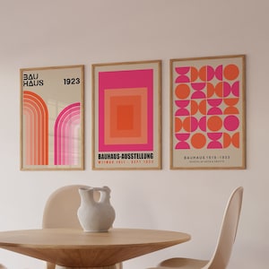 Set Of 3 Colourful Geometric Bauhaus Art Print Set, Retro Stripes Art Print, Pink Bauhaus Poster, Mid Century Gallery Wall Art | SET 30