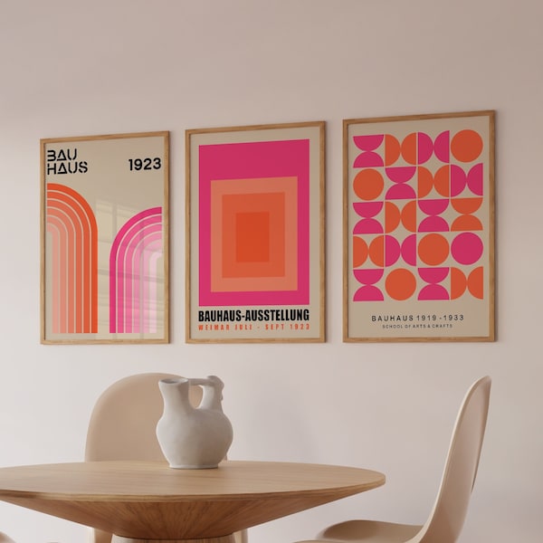 3er Set Farbenfroher geometrischer Bauhaus Kunstdruck Set, Retro Streifen Kunstdruck, Rosa Bauhaus Poster, Mid Century Galerie Wandkunst | SET 30