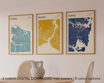 Set Of 3 Custom Map Posters, DIGITAL DOWNLOAD Maps, Modern Map Design, Any City Map Print, Colourful City Map, Custom Map Prints