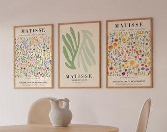 Botanical Matisse Print Set, Set Of 3 Matisse Posters, Matisse Botanical Art Print, Meadow Flowers Wall Art, Minimal Matisse Art | SET 52