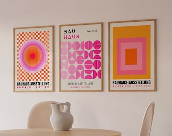 Set Of 3 Colourful Geometric Bauhaus Posters, Retro Chequered Poster, Pink Bauhaus Poster, Mid Century Gallery Wall Art | SET 33
