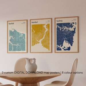 Conjunto de 3 pôsteres de mapas personalizados, mapas de download digital, design de mapa moderno, impressão de qualquer mapa de cidade, mapa de cidade colorido, impressões de mapas personalizados
