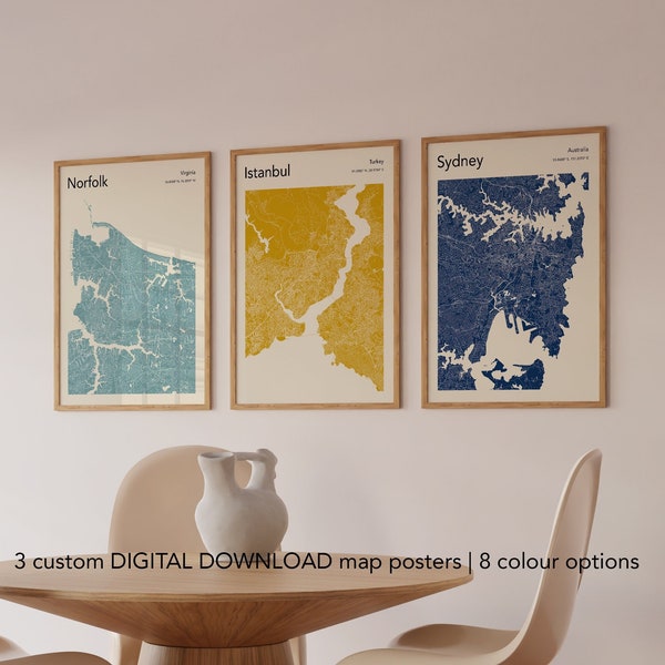 Set Of 3 Custom Map Posters, DIGITAL DOWNLOAD Maps, Modern Map Design, Any City Map Print, Colourful City Map, Custom Map Prints