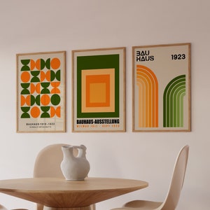 Set Of 3 Colourful Geometric Bauhaus Art Print Set, Retro Stripes Art Print, Green Bauhaus Poster, Mid Century Gallery Wall Art | SET 81