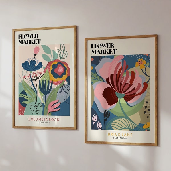 Bunte Blumenmarkt Kunstdrucke, Londoner Blumenmarkt Poster, Florale Galeriewand, Moderne Wandkunst, Botanisches Poster | SET 67