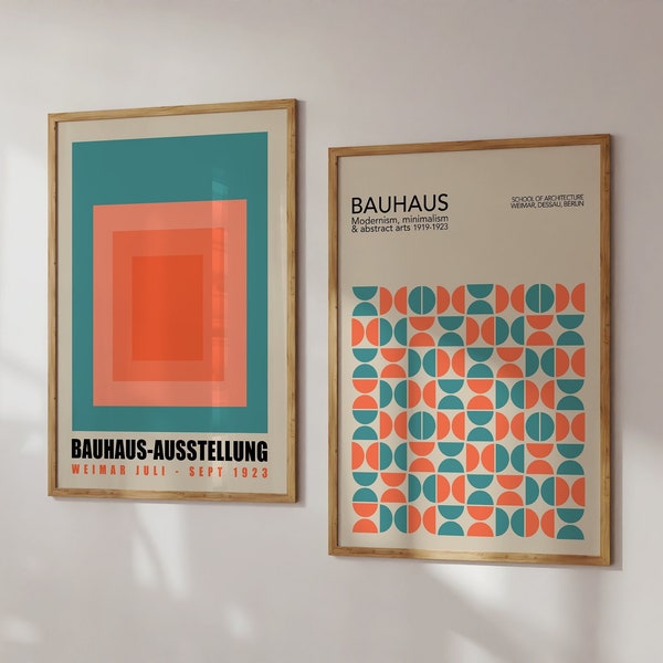 Mid Century Bauhaus Print Set, Blue & Orange Bauhaus Wall Art, Mid Century Gallery Wall, Bauhaus Exhibition Poster, Retro Print Set | SET 83