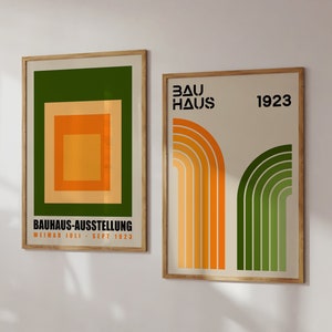 Geometric Bauhaus Print Set, Green Orange Bauhaus Wall Art, Mid Century Gallery Wall, Bauhaus Exhibition Poster, Retro Print Set | SET 82
