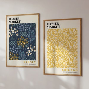 Set Of Yellow & Navy Blue Flower Market Art Prints, Flower Market Poster, Floral Gallery Wall, Modern Wall Art, Botanical Poster | SET 131
