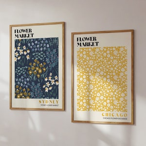 Set Of Yellow & Navy Blue Flower Market Art Prints, Flower Market Poster, Floral Gallery Wall, Modern Wall Art, Botanical Poster | SET 38