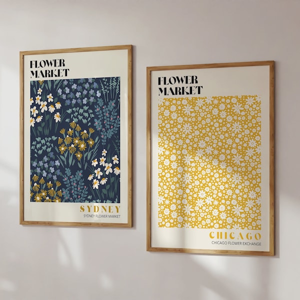 Set Of Yellow & Navy Blue Flower Market Art Prints, Flower Market Poster, Floral Gallery Wall, Modern Wall Art, Botanical Poster | SET 38