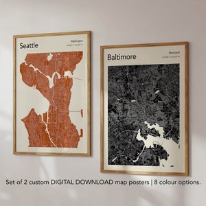Conjunto de 2 pôsteres de mapas coloridos personalizados, mapas de download digital, design de mapa moderno, impressão de qualquer mapa de cidade, mapa de cidade colorido, impressões de mapas personalizados