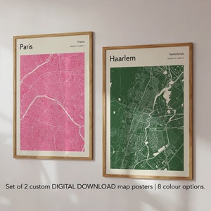 Conjunto de 2 pôsteres de mapas de cores personalizados, mapas de download digital, design de mapa moderno, impressão de qualquer mapa de cidade, mapa de cidade rosa pastel, impressões de mapas personalizados