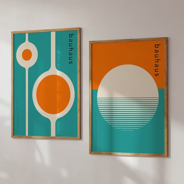 Mid Century Bauhaus Print Set, Blue & Orange Bauhaus Wall Art, Mid Century Gallery Wall, Modernist Bauhaus Poster  | SET 91