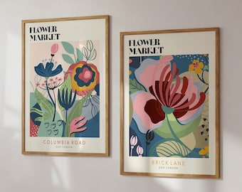 Colourful Flower Market Art Prints, London Flower Market Posters, Floral Gallery Wall, Modern Wall Art, Botanical Poster | SET 67