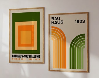 Geometric Bauhaus Print Set, Green Orange Bauhaus Wall Art, Mid Century Gallery Wall, Bauhaus Exhibition Poster, Retro Print Set | SET 82