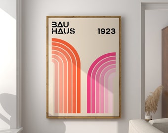 Bauhaus Art Print, Mid Century Art, Retro Wall Art, Pink Orange Bauhaus Poster, Mid Century Poster, Retro Rainbow Stripes Print  | A133