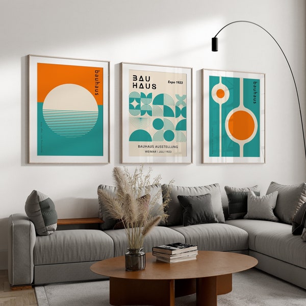 Mid Century Sun Bauhaus Poster Set, Set Of 3 Minimalist Bauhaus Posters, Orange Bauhaus Art Print, Mid Century Modern Print | SET 87