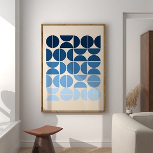 Bauhaus Geometric Semi Circles Poster, Blue Gradient Bauhaus Art Print, Geometric Poster, Minimalist Wall Art, Mid Century Modern | A151