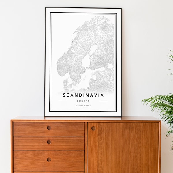 Scandinavia Map Print, Minimal Scandinavia Map Poster, Norvège, Danemark Carte Wall Art, Noir & Blanc Suède Carte, Carte de finlande, Cartes personnalisées