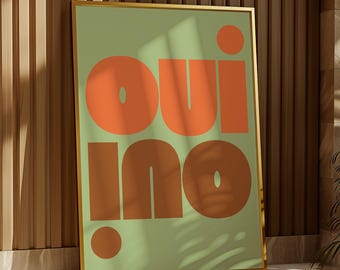 Cytat francuski „Oui Oui”: minimalistyczna, brązowo-szałwiowa, pomarańczowa typografia (pobranie cyfrowe)