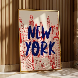 Impression de voyage à New York, impression dessinée à la main rétro New York, téléchargement numérique, affiche tendance NYC rouge et bleu, art mural New York | F118
