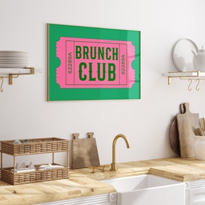 Plakat Retro Brunch Club, WIĘCEJ KOLORÓW, Sztuka ścienna na wózek barowy, Sztuka biletu w stylu retro, Kolorowy plakat kuchenny, Sztuka Preppy | T043