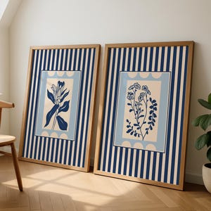 Láminas artísticas botánicas azul marino: Arte floral bohemio moderno para pared (Juego de 2)