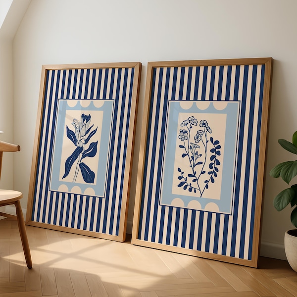Navy Botanische Kunstdrucke: Moderne Boho Blumen Wandkunst (2er-Set)