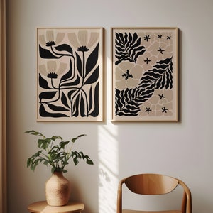 Set Of 2 Boho Abstract Beige And Black Flower Art Prints, Japandi Print Set, Matisse Style Flower, Modern Wavy Flower Print | S111