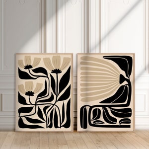Conjunto de 2 estampados abstractos de arte floral beige y negro, flor estilo Matisse, estampado de flores onduladas modernas, conjunto de carteles de mediados de siglo / SET 116