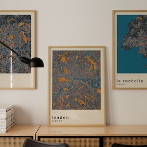 London Karte Druck, London Karte Poster, grauer, blauer und gelber London Stadtplan, Mid Century Reiseplakat, London Reiseplakat