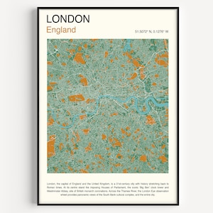 Impresión de mapas de la ciudad de Londres, cartel del mapa de Londres, cartel del mapa de Londres, arte de la pared del mapa de Londres, cartel de viaje de mediados de siglo, mapa infográfico