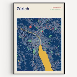 Zurich Map Print, Zurich Map Poster, Blue Zurich Map Wall Art, Zurich Road Map, Zurich Art Print, Mapa de Zurich, Póster de Suiza