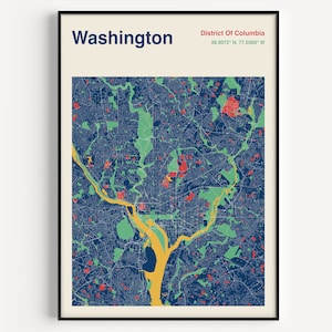 Affiche cartographique de Washington DC, Carte de la ville de Washington, Carte de Washington DC, Impression de carte de Washington en couleur, Conception de carte du milieu du siècle, Conception de carte personnalisée
