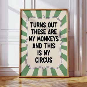Funny Monkeys Circus Print: Retro Green Typography, Maximalist Wall Art