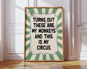 Funny Monkeys Circus Print: Retro Green Typography, Maximalist Wall Art