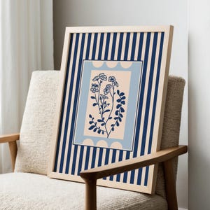Navy Blue Botanical Art Print: Cottagecore Striped Wall Art