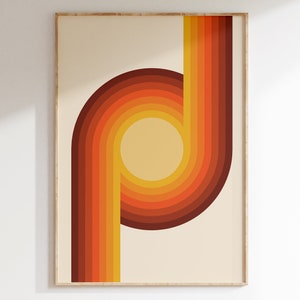 Cartel de rayas arco iris retro naranja de los años 70, cartel de arte retro nostalgia, estética de los años 70, cartel groovy de los años 70, cartel geométrico de la Bauhaus / R043