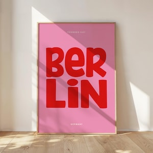 Impression typographique tendance berlinoise, téléchargement numérique, affiche berlinoise rétro, art mural rose et rouge, impression nom de ville