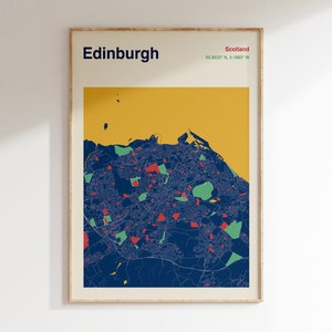 Edinburgh Map Print, Edinburgh Map Poster, Colour Edinburgh City Map, Mid Century Travel Poster, Edinburgh Scotland Travel Poster