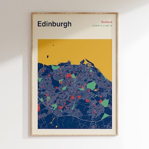 Edinburgh Map Print, Edinburgh Map Poster, Color Edinburgh City Map, Mid Century Travel Poster, Edinburgh Scotland Travel Poster